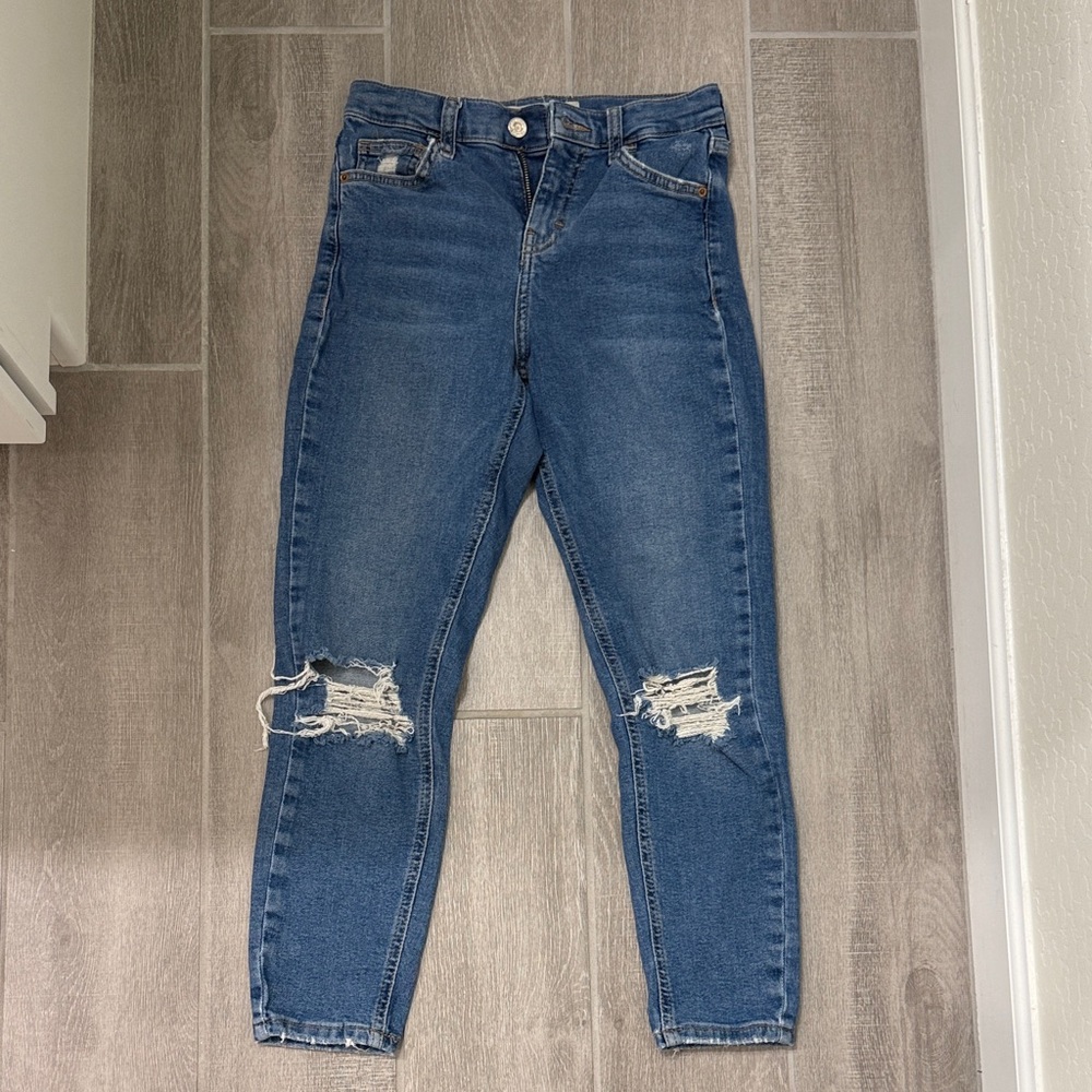 Topshop Blue Ripped Ankle Jeans